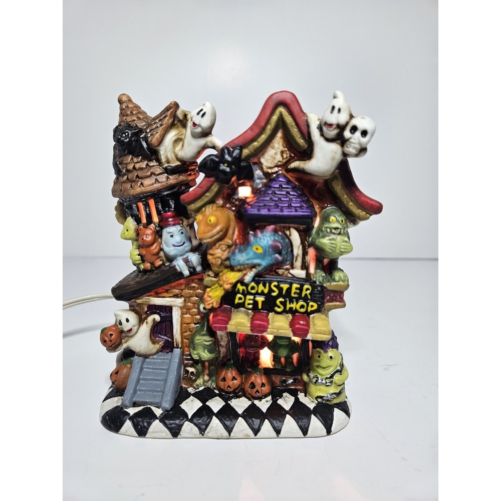 Spooky Hollow Monster Pet Shop Porcelain Lighted Halloween Village House Vintage
